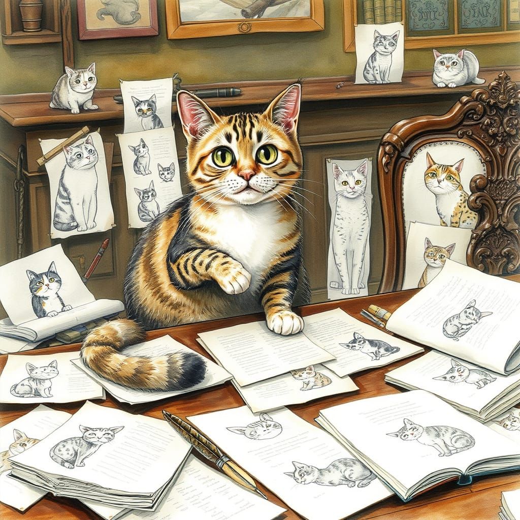 Whimsical Feline Artist at Work
