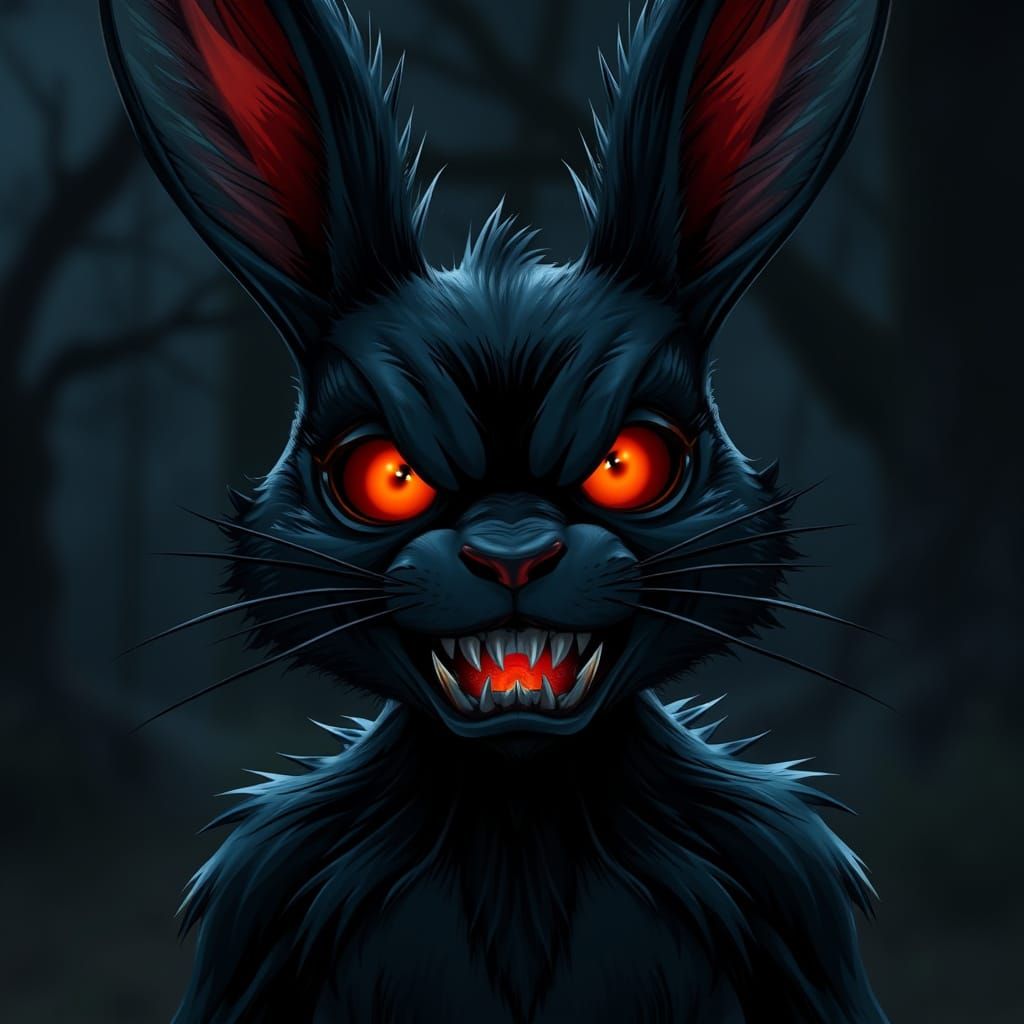 Evil Anthropomorphic Black Bunny with Glowing Eyes