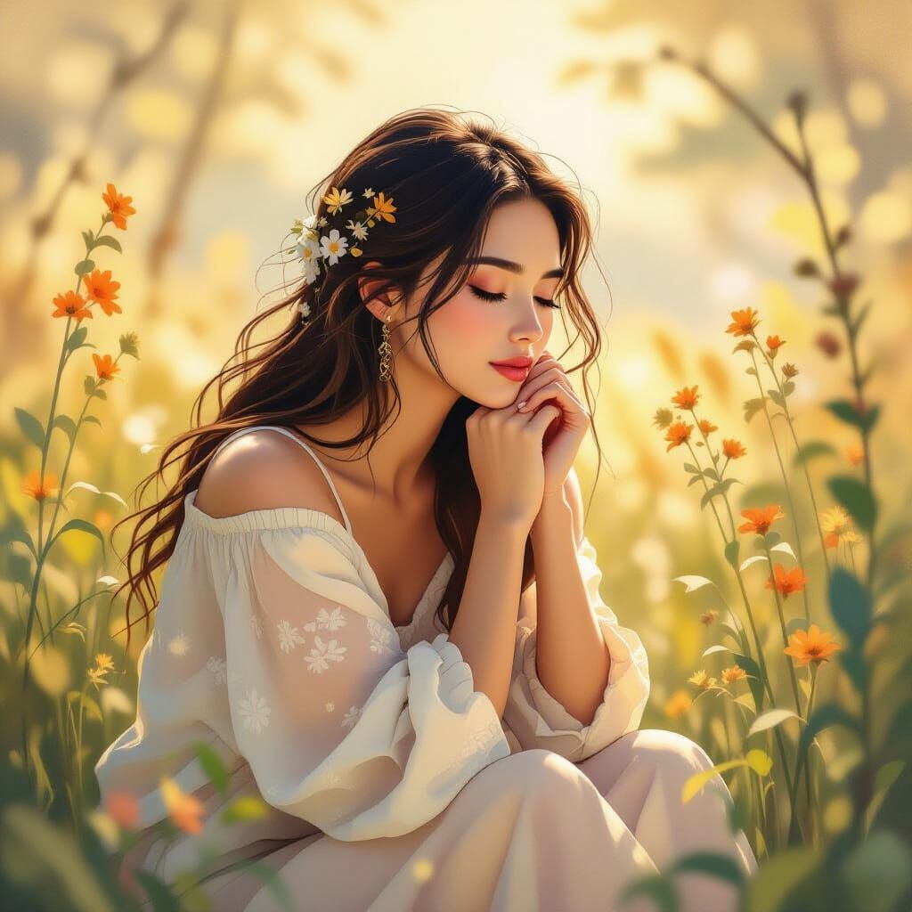 Serene Woman in Contemplation: Dreamy Watercolor Illustratio...