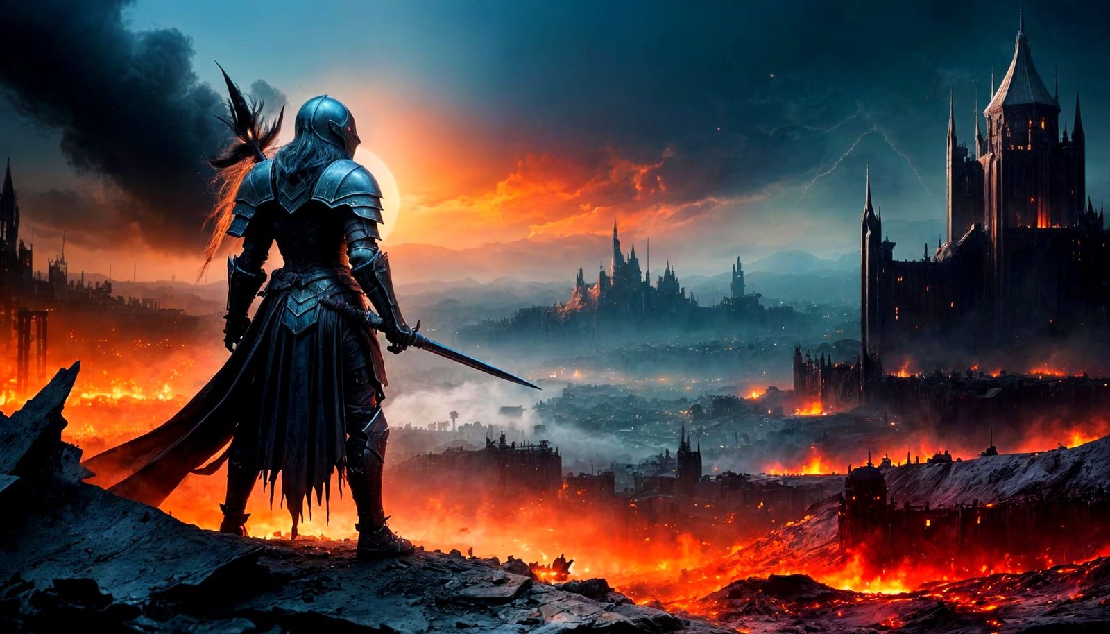 Ethereal Ice Knight in Apocalyptic Winter Landscape