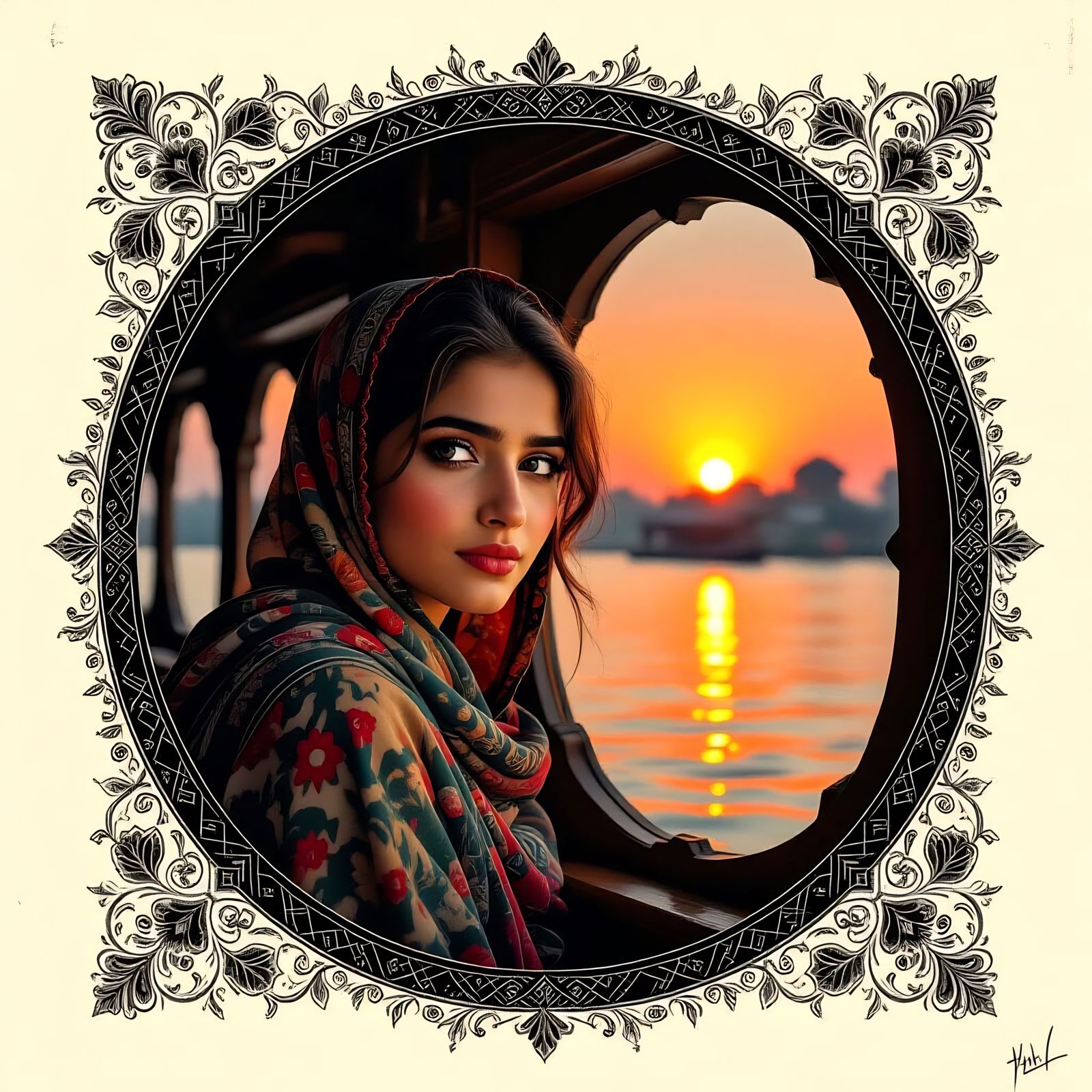 Kashmiri Woman at Sunset Window Sketch Art