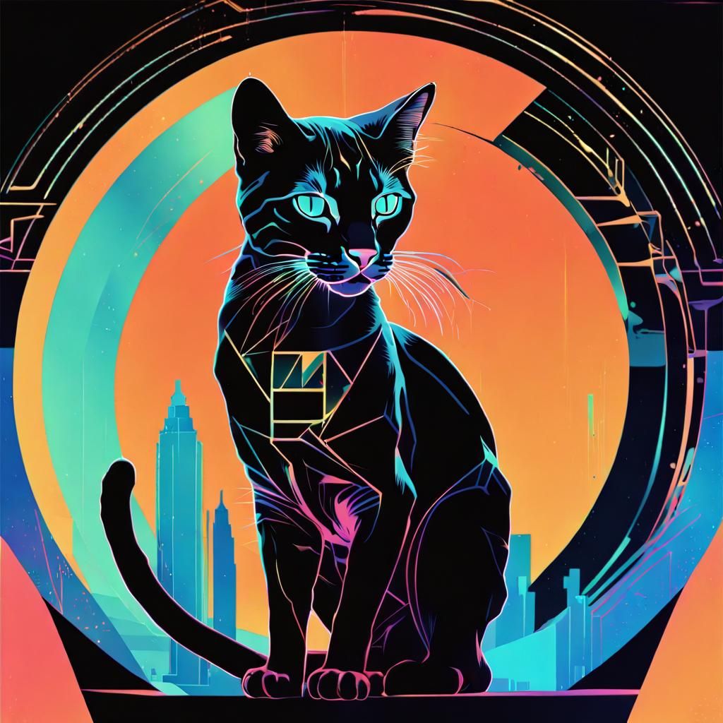Bioluminescent Feline in Glitch Art Deco Style