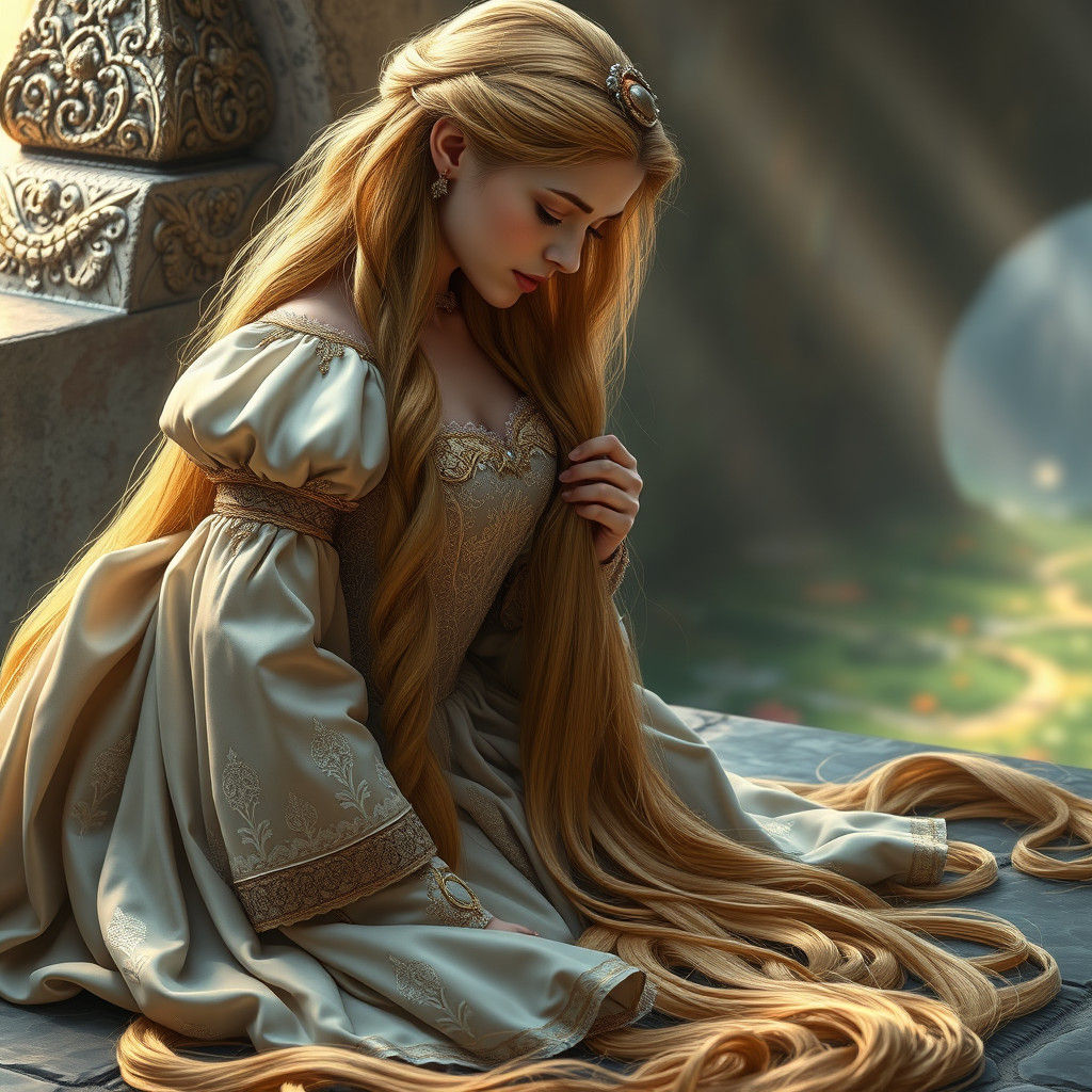 Rapunzel Mourns Her Golden Hair in Renaissance Style