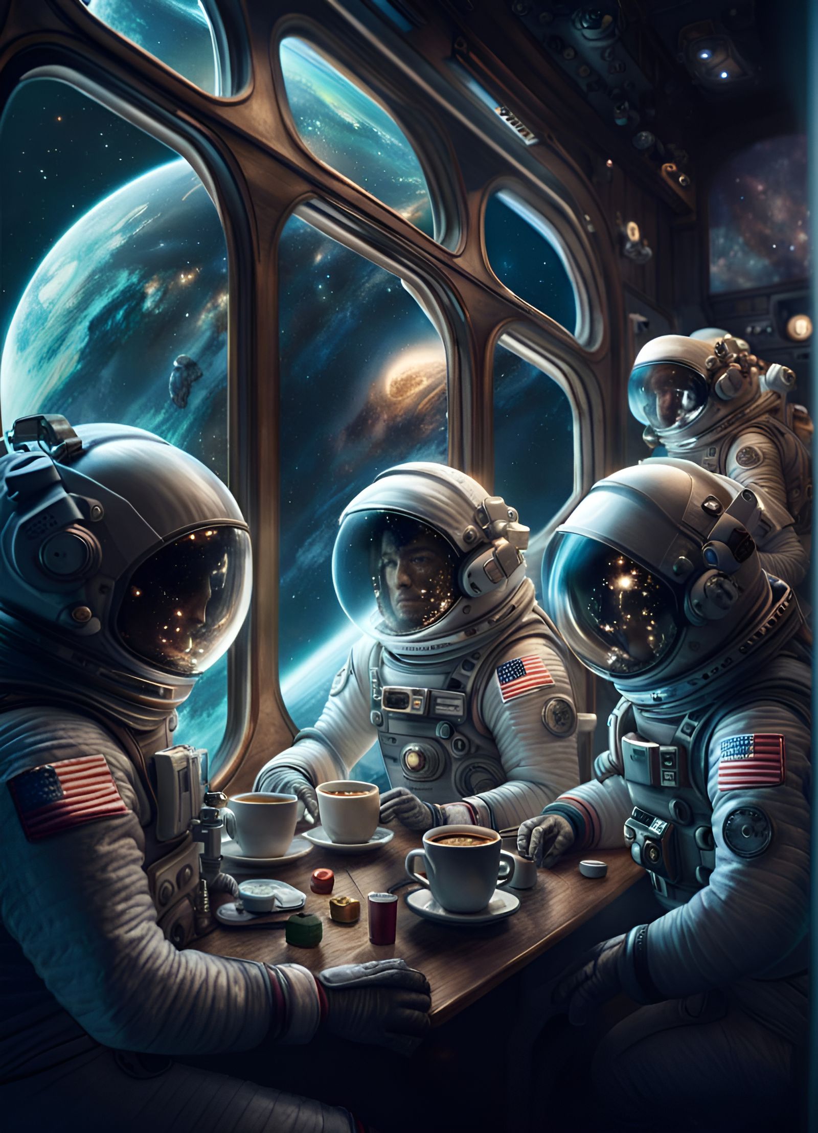 Astronauts at a Space Coffee Shop Window