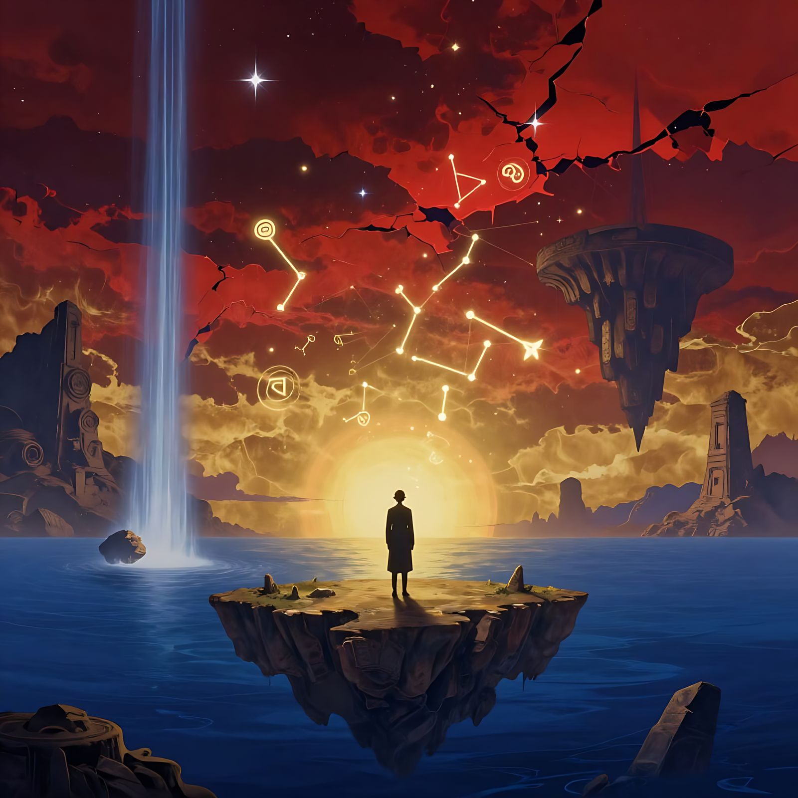 Figure on Floating Continent Above Cosmic Ocean