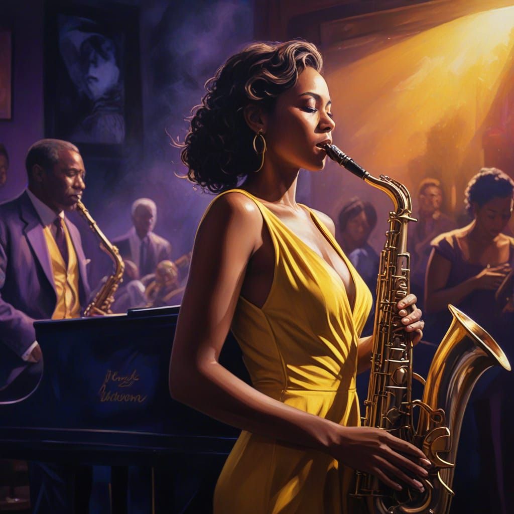 Woman Plays Saxophone in Nightclub, Vibrant Oil Painting