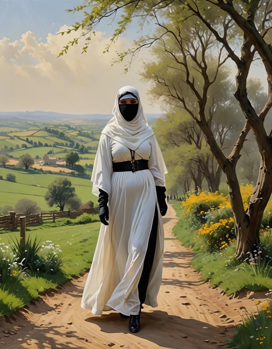 Woman in Hijab in British Countryside, Oil Painting