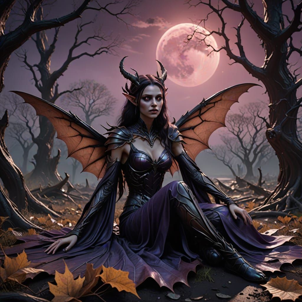 Dark Fairy in Desolate Landscape, Reclining in Exquisite Det...