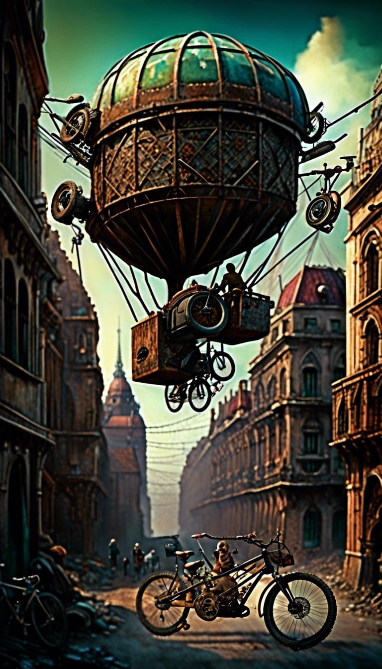 Flying Bicycle Machine over Post-Apocalyptic Budapest