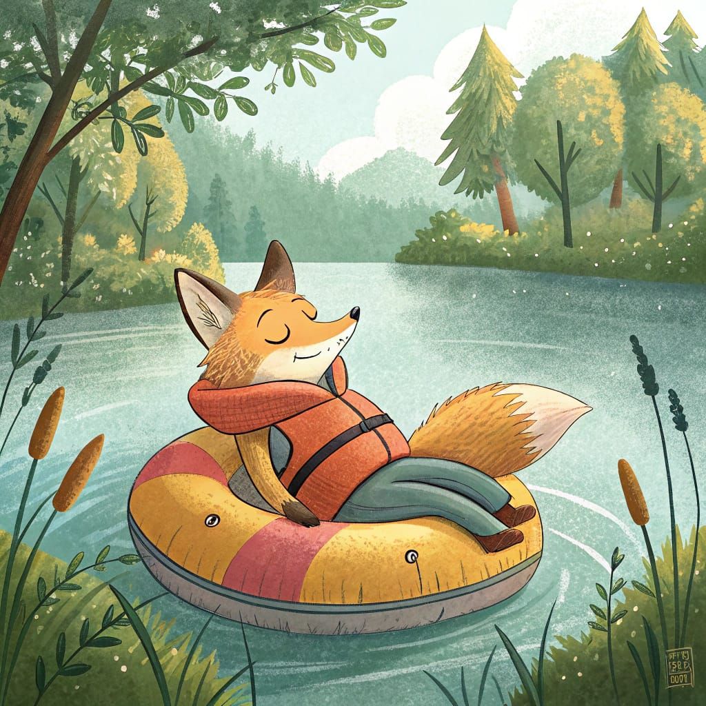 Serene Fox Lounging on Lake in Cartoon Style