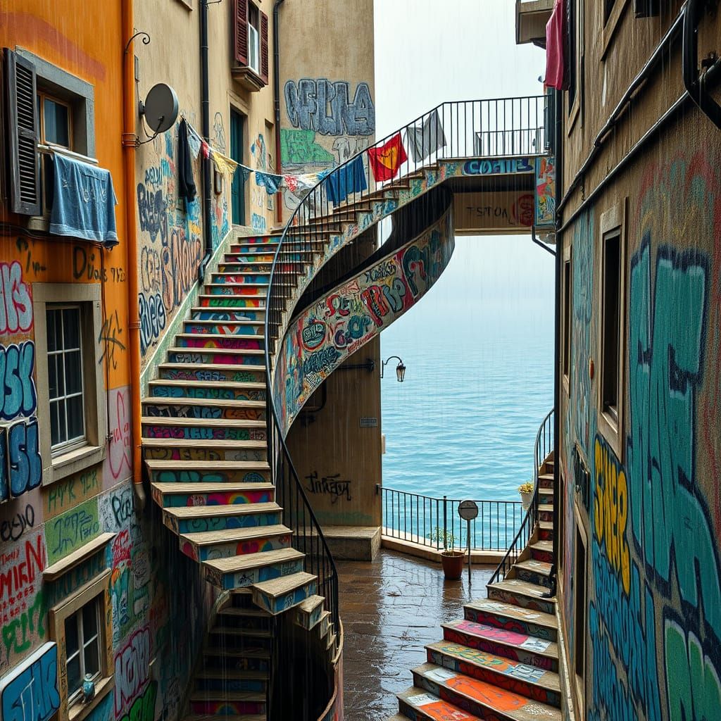 Impossible Staircase in Rainy Neapolitan Alleyway in Surreal...