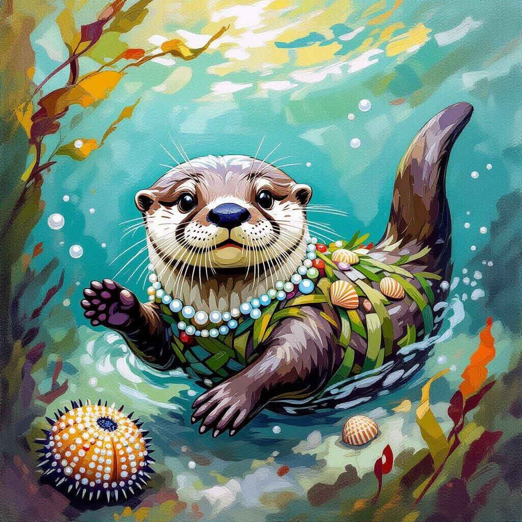 Playful Otter Adorned with Seaweed and Pearls