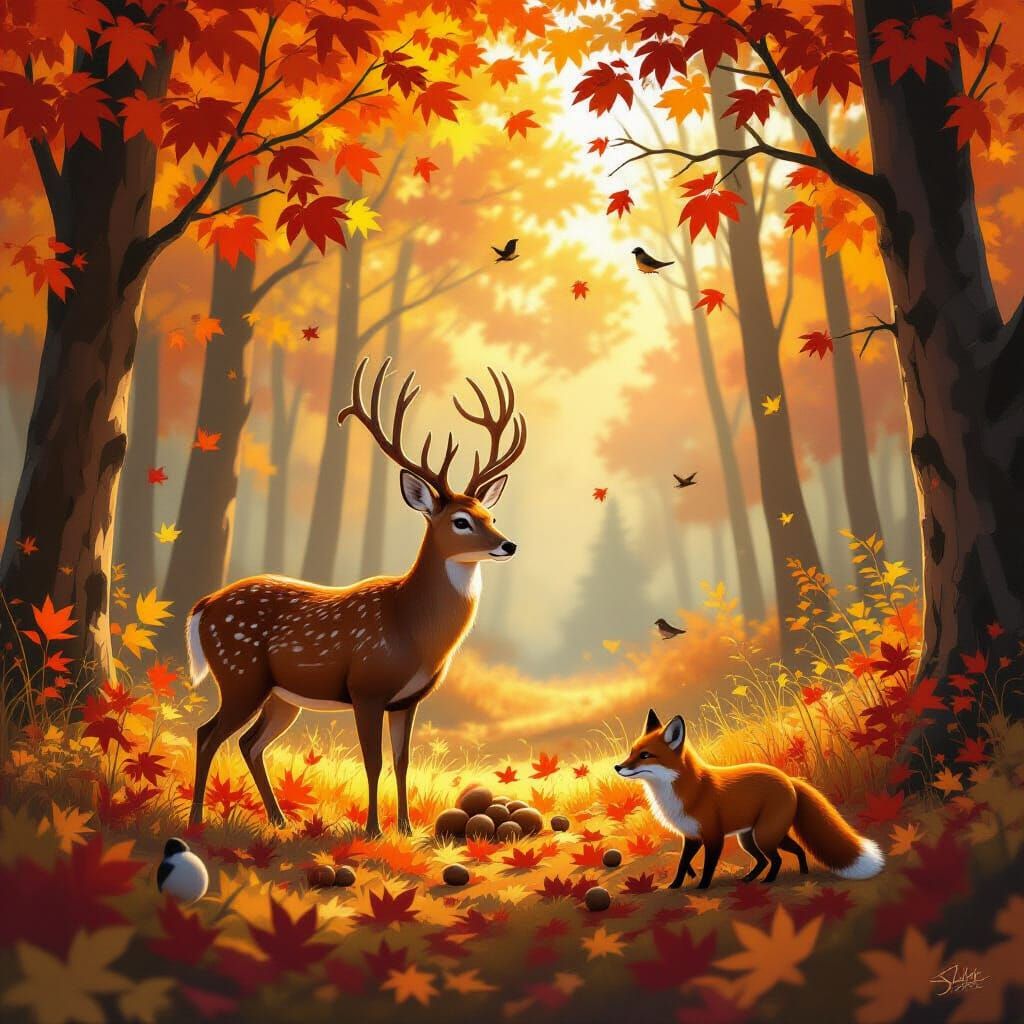 Deer in Vibrant Autumn Forest with Woodland Animals