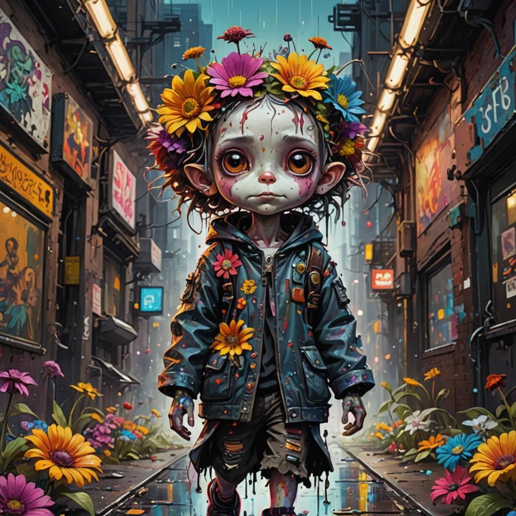 Bohemian Cyberpunk Flower Creature in Urban Fairytale