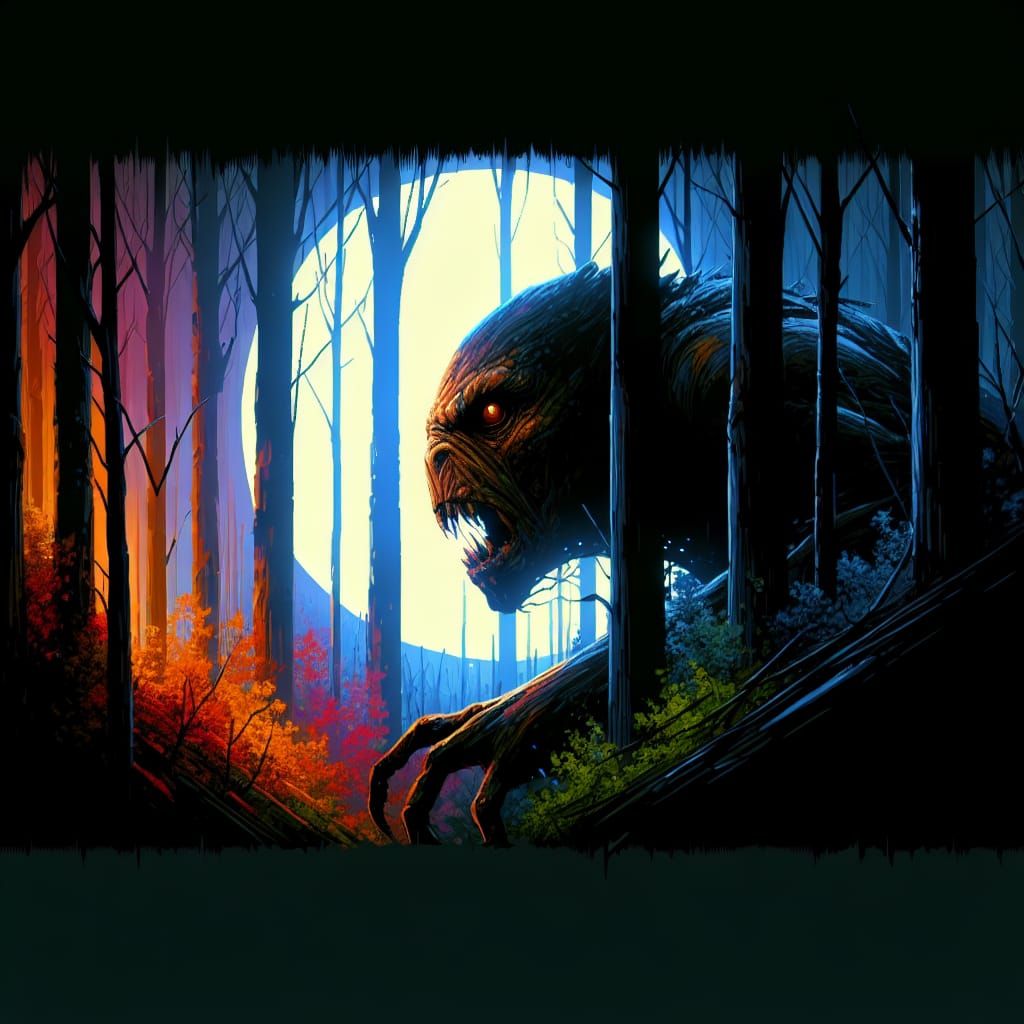 Eerie Creature in Moonlit Forest: Splash Art Illustration