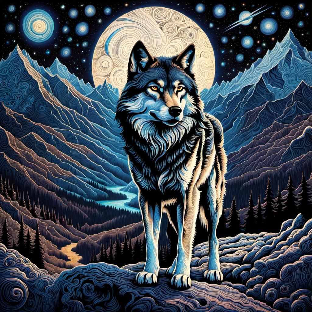 Detailed Wolf Stares Under Starry Warhammer Sky