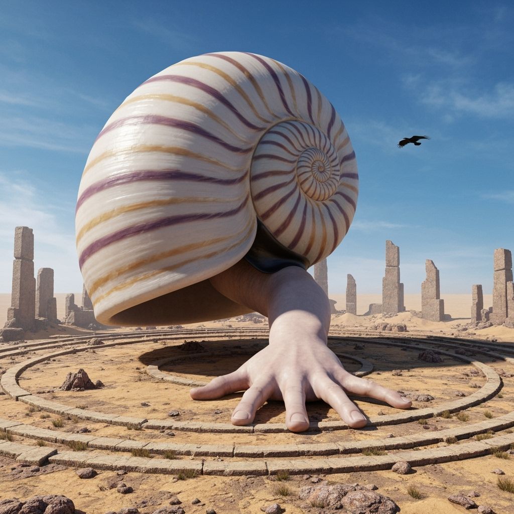 Gigantic Nautilus Shell Creature in Petrified Landscape