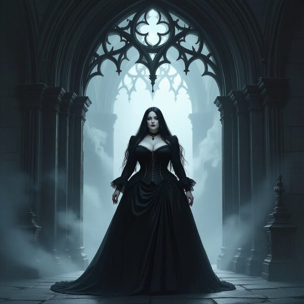 Plus-Size Goth Woman Under Gothic Archway in Dark Fantasy St...