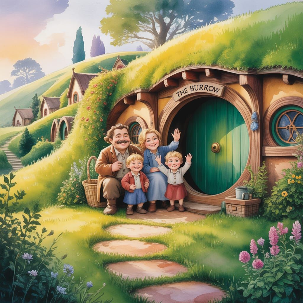 Hobbit Family at The Burrow in Watercolor