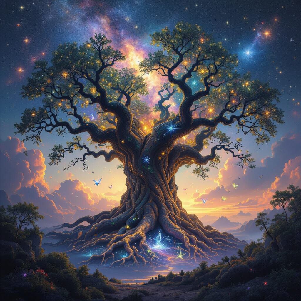 Ancient Nebula Tree: Cosmic Roots & Galaxy Branches