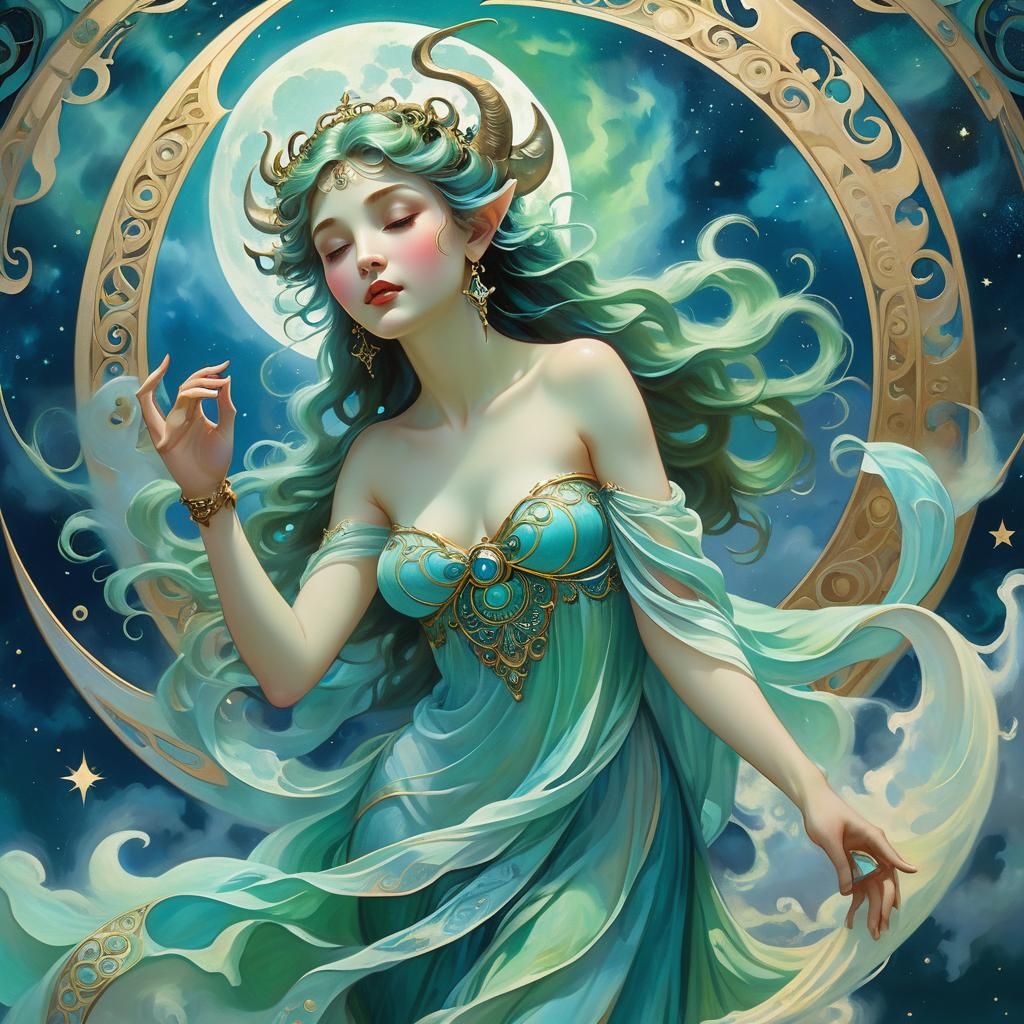 Moon Goddess Descends Through Misty Sky as Oil Painting