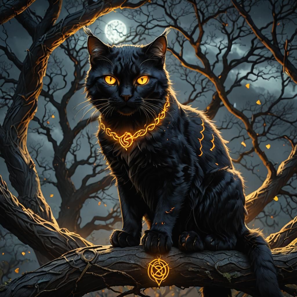Black Cat with Glowing Celtic Symbol, Fantasy Art