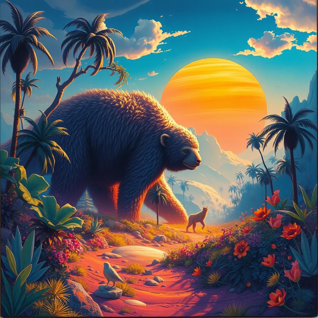 Megasloth in Lush Utopian Landscape as Gouache Painting