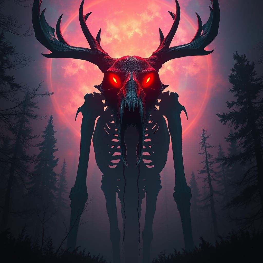 Towering Deer Skull Monster Emerges from Mystical Shadows