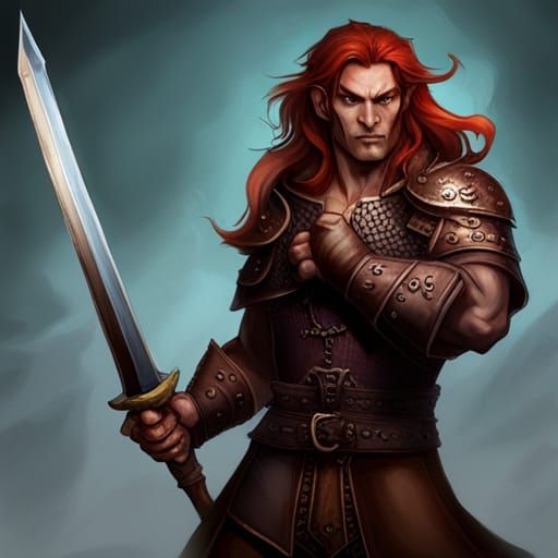 Half-Orc Male Fighter with Long Red Hair