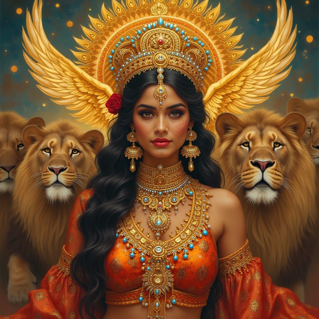 Majestic Indian Queen with Golden Crown and Angelic Wings