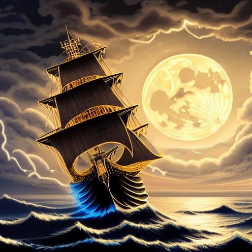 Golden Ship at Sea Under Moonlight, Digital Painting