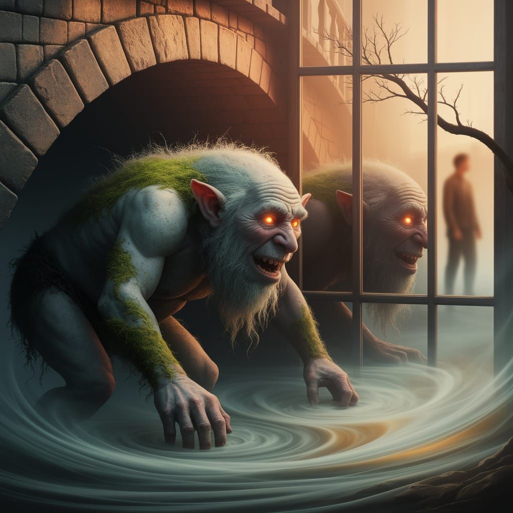 Ethereal Moss Troll Emerges in Dreamlike Reflection