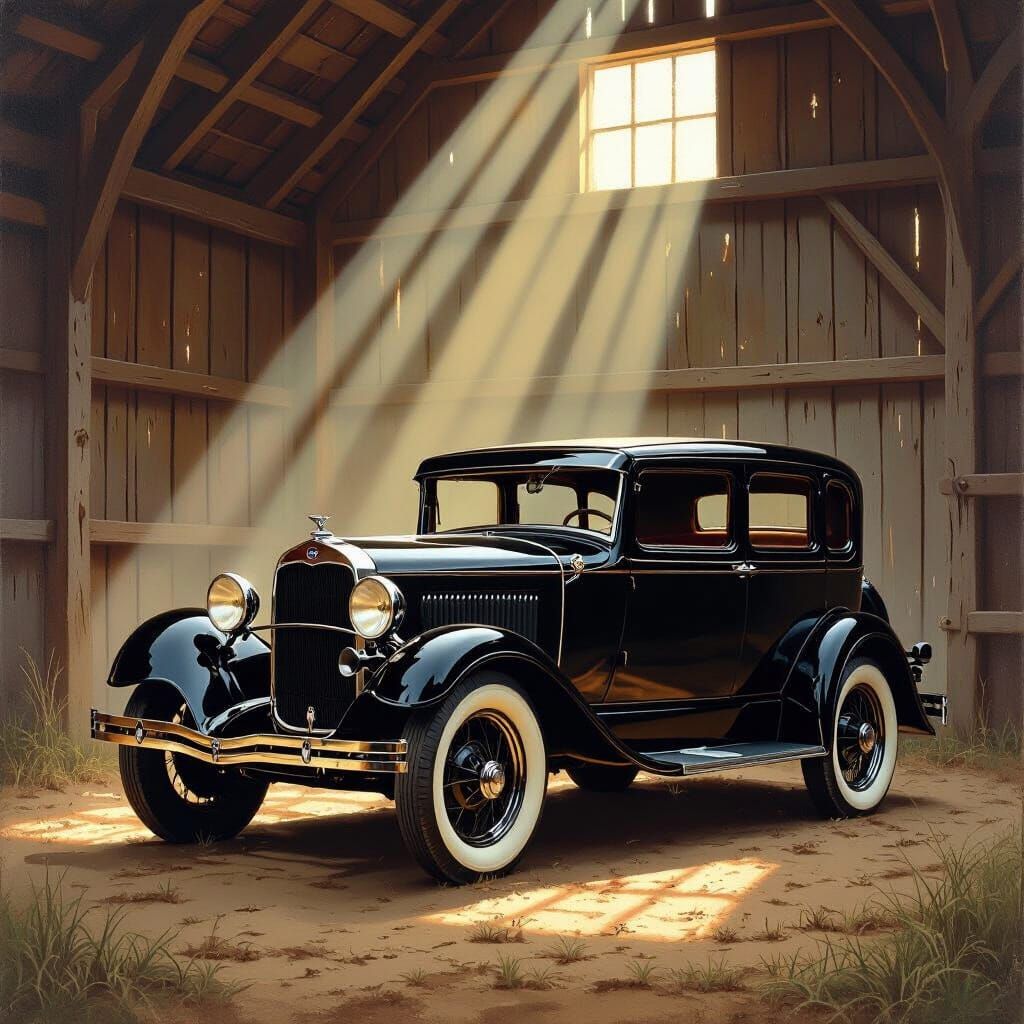 1929 Ford Sedan Gleaming in Sun-Dappled Barn