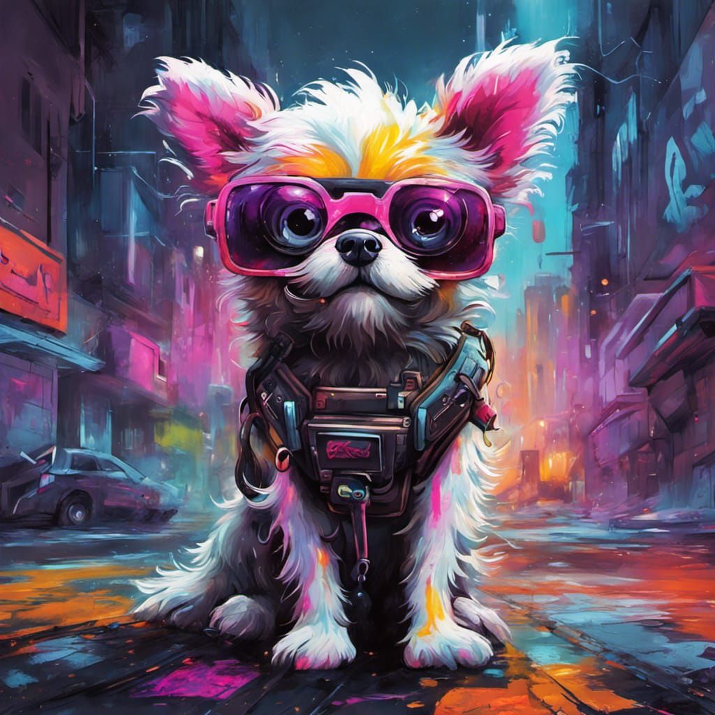 Cute Cyberpunk Dog in Graffiti Street Art