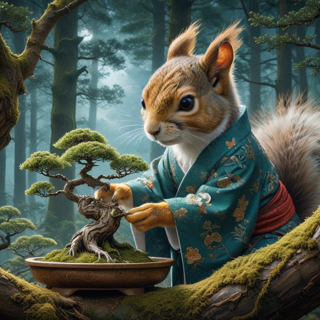 Squirrel in Japanese Costume Tends Bonsai Under Moonlight