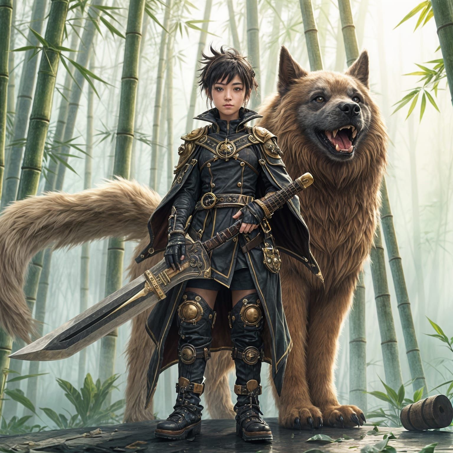 Steampunk Warrior Girl in Bamboo Forest