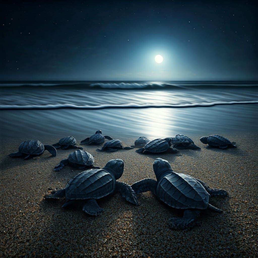 Leatherback Turtle Hatchlings at Night: Wildlife Art