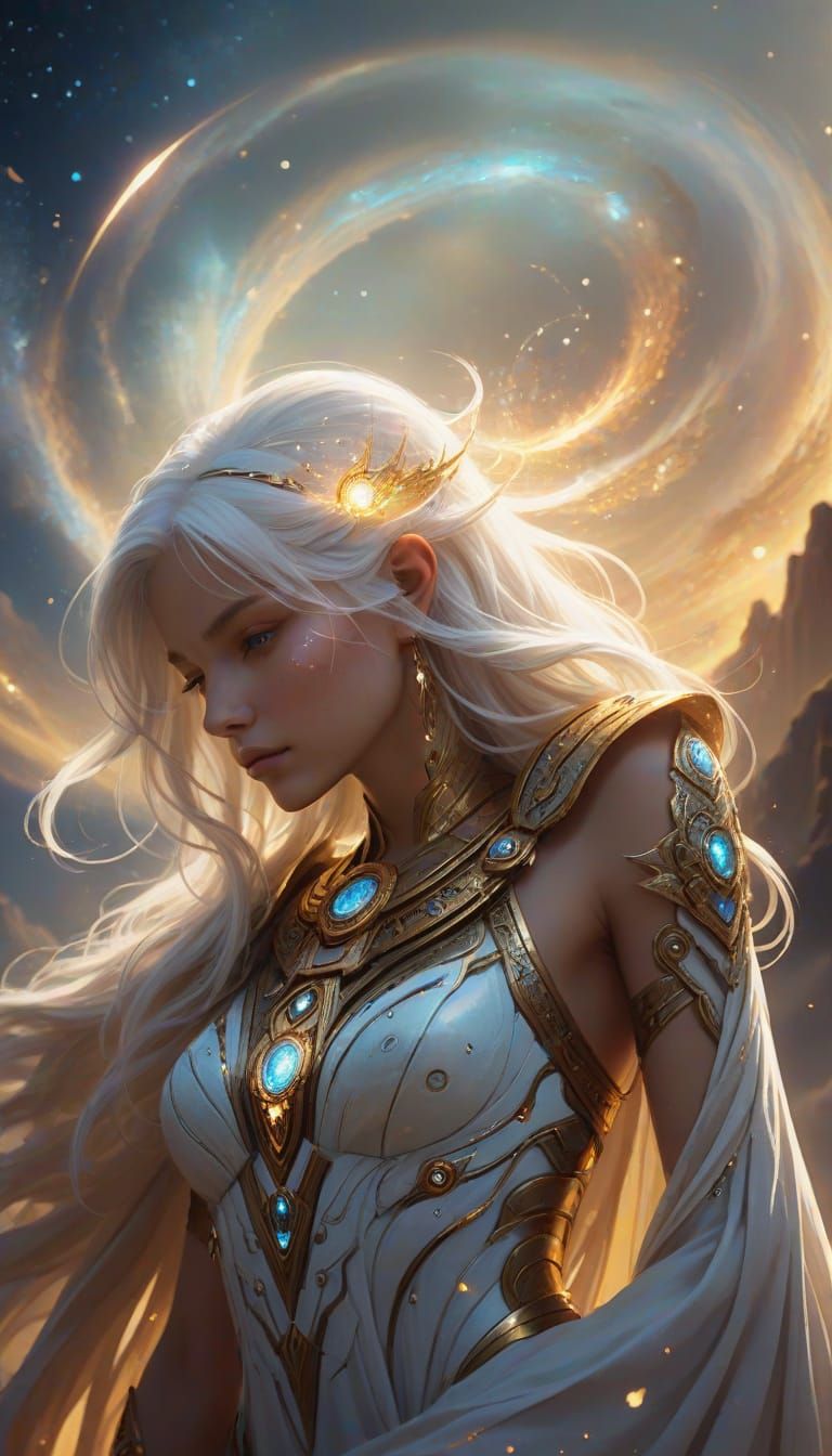 Ethereal Woman with Cosmic Gaze in Starlight Aura