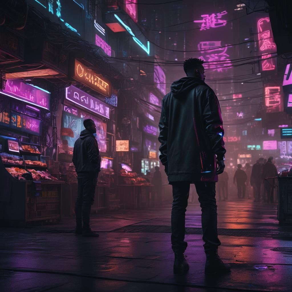 60 year old black male cyberpunk hacker standing in the mark...