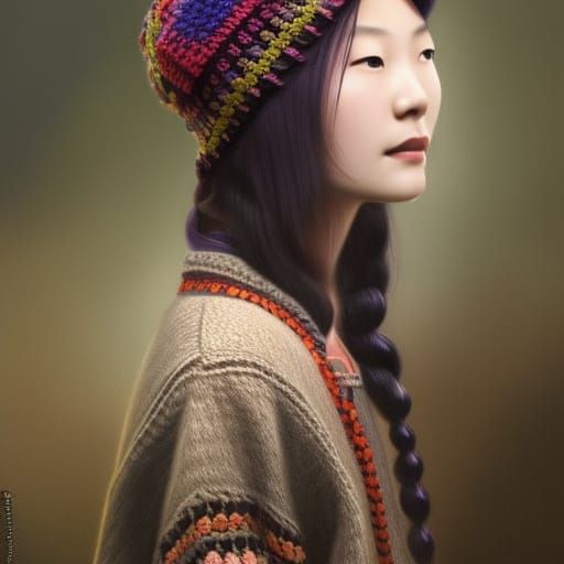 Chinese Woman with Crochet Hat, Hyperdetailed Portrait