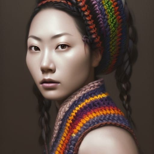 Chinese Woman with Crochet Hat in Detailed Portrait