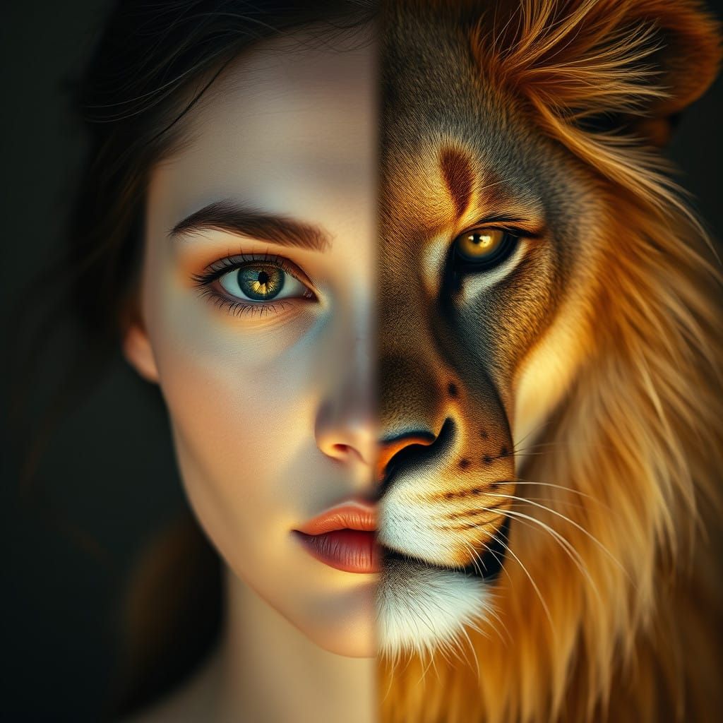 Elegant Woman Transforms into Luminous Lioness
