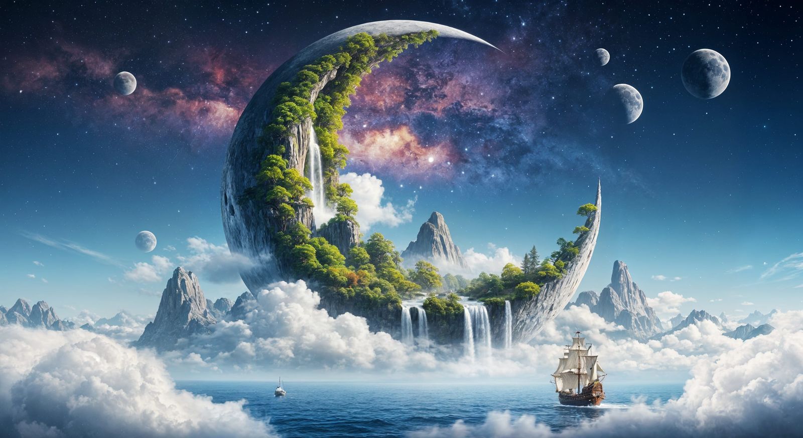 Surreal Lunar Landscape Digital Painting with Sailing Ship