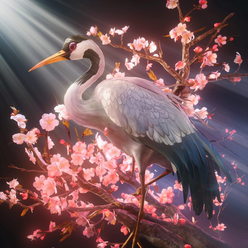 Crane and Cherry Blossoms in 3D Game Cinematic Style