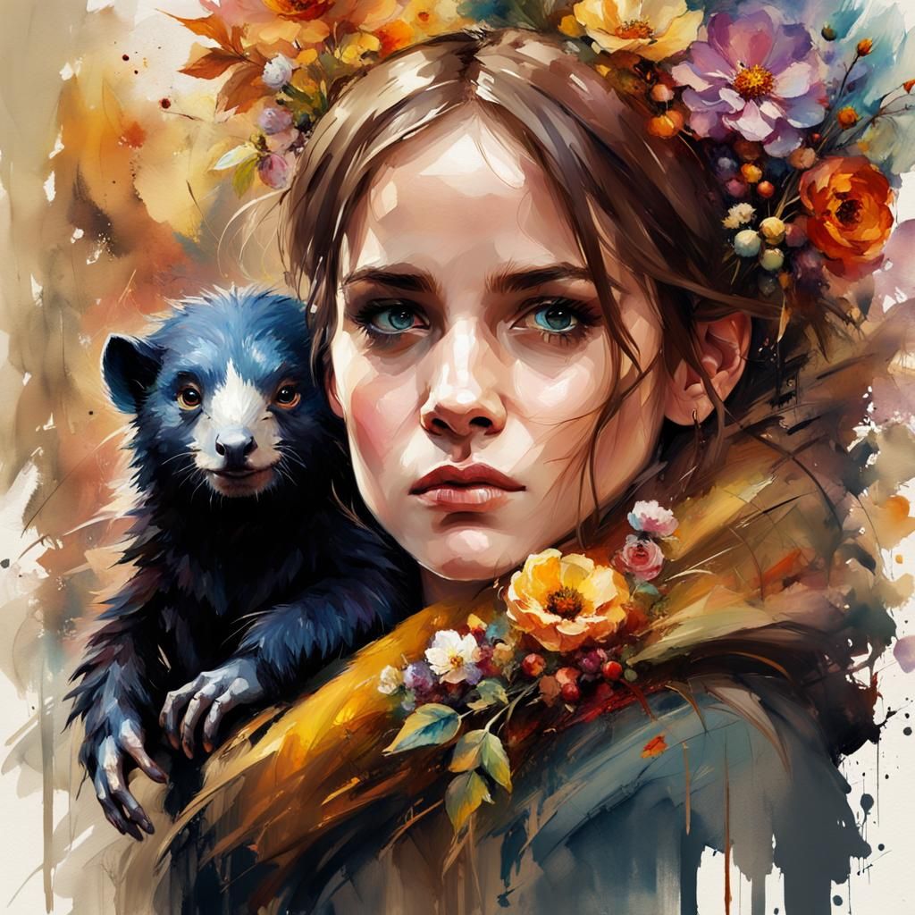 Emma Watson and Niffler in Watercolour Painting