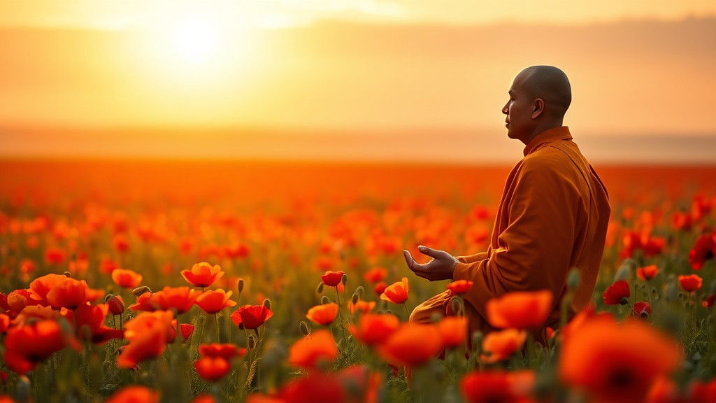 Monk Meditates in Poppy Field at Sunset