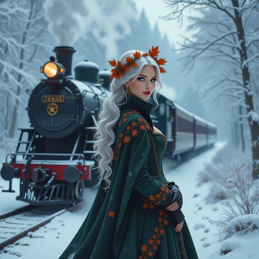 Mystical Dryad and Vintage Train in Snowy Forest