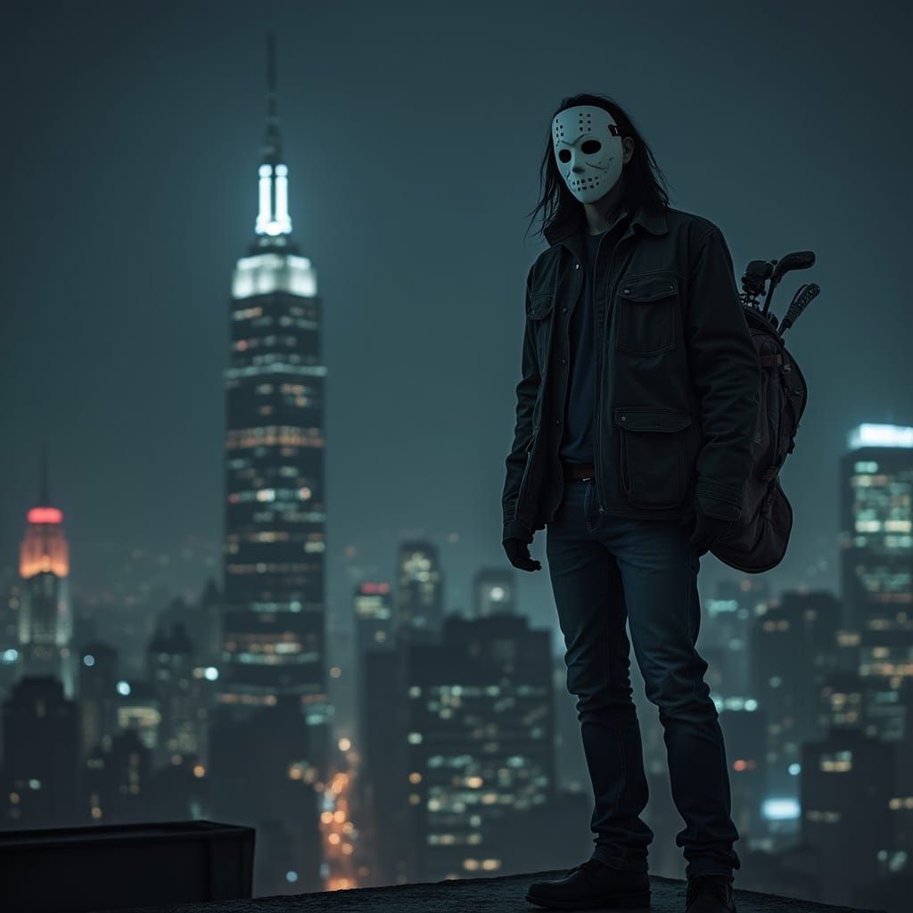 Cyberpunk Vigilante on Rooftop in City Night