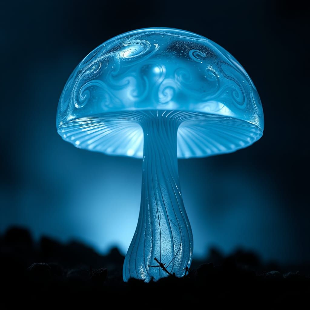 Translucent Glass Mushroom with Intricate Patterns