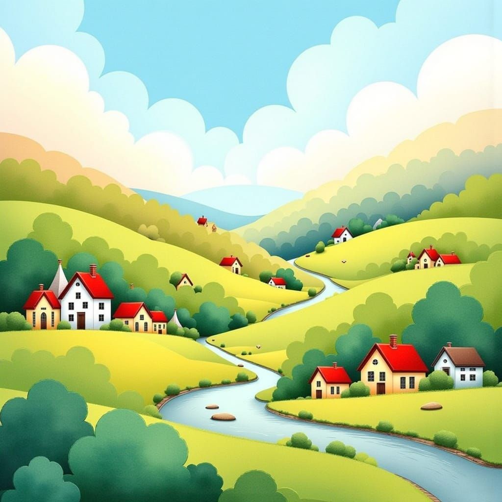 Whimsical Village Watercolor Illustration in Beatrix Potter ...